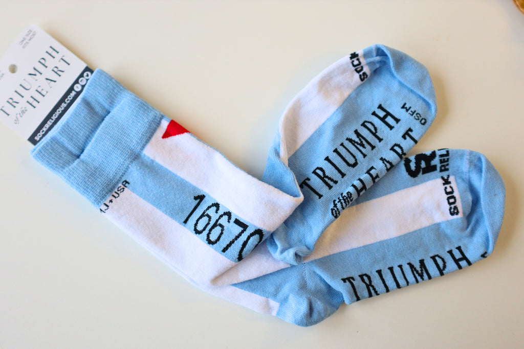 Blue & White Striped St. Maximilian Kolbe Socks