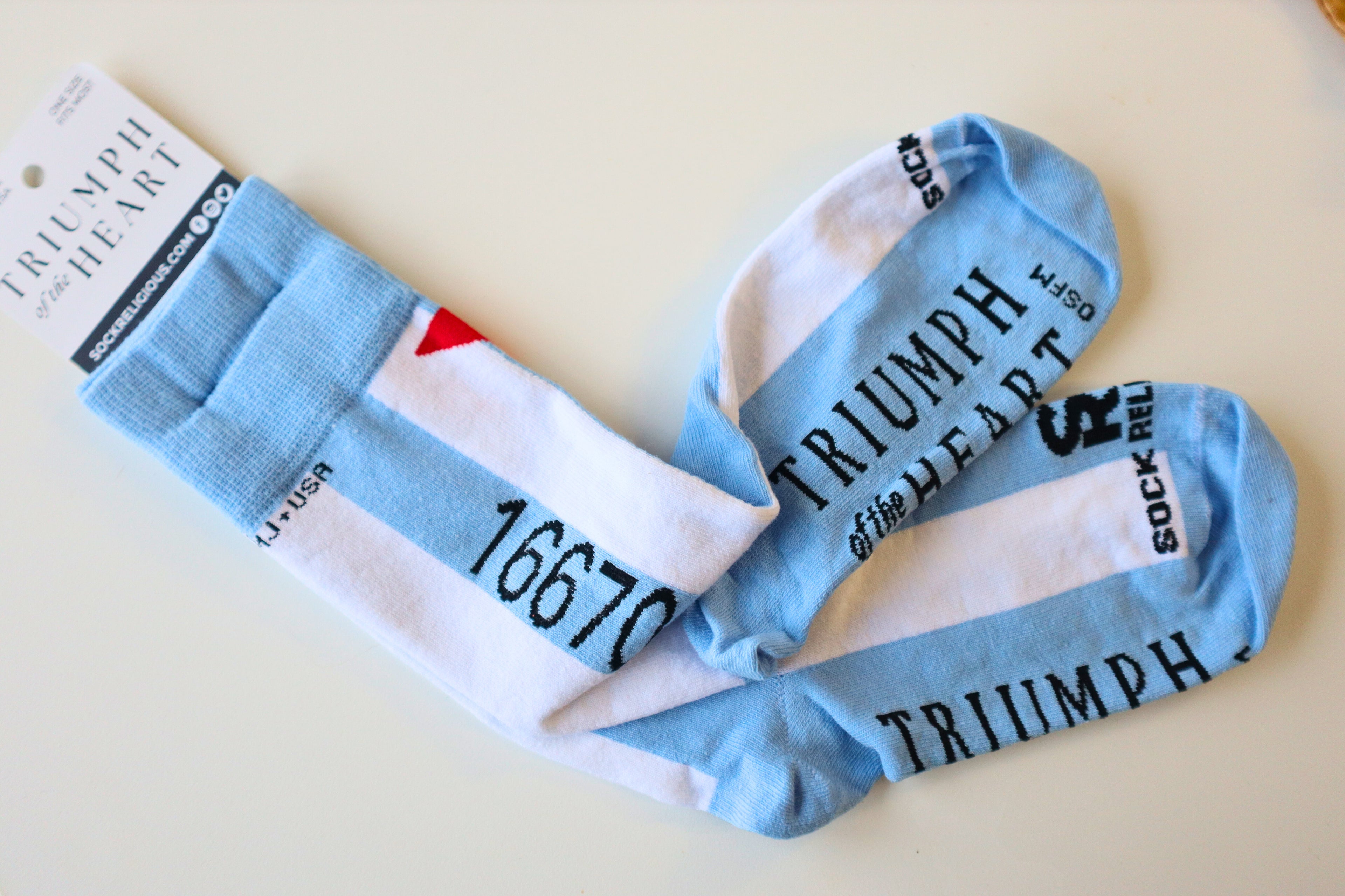 Blue & White Striped St. Maximilian Kolbe Socks