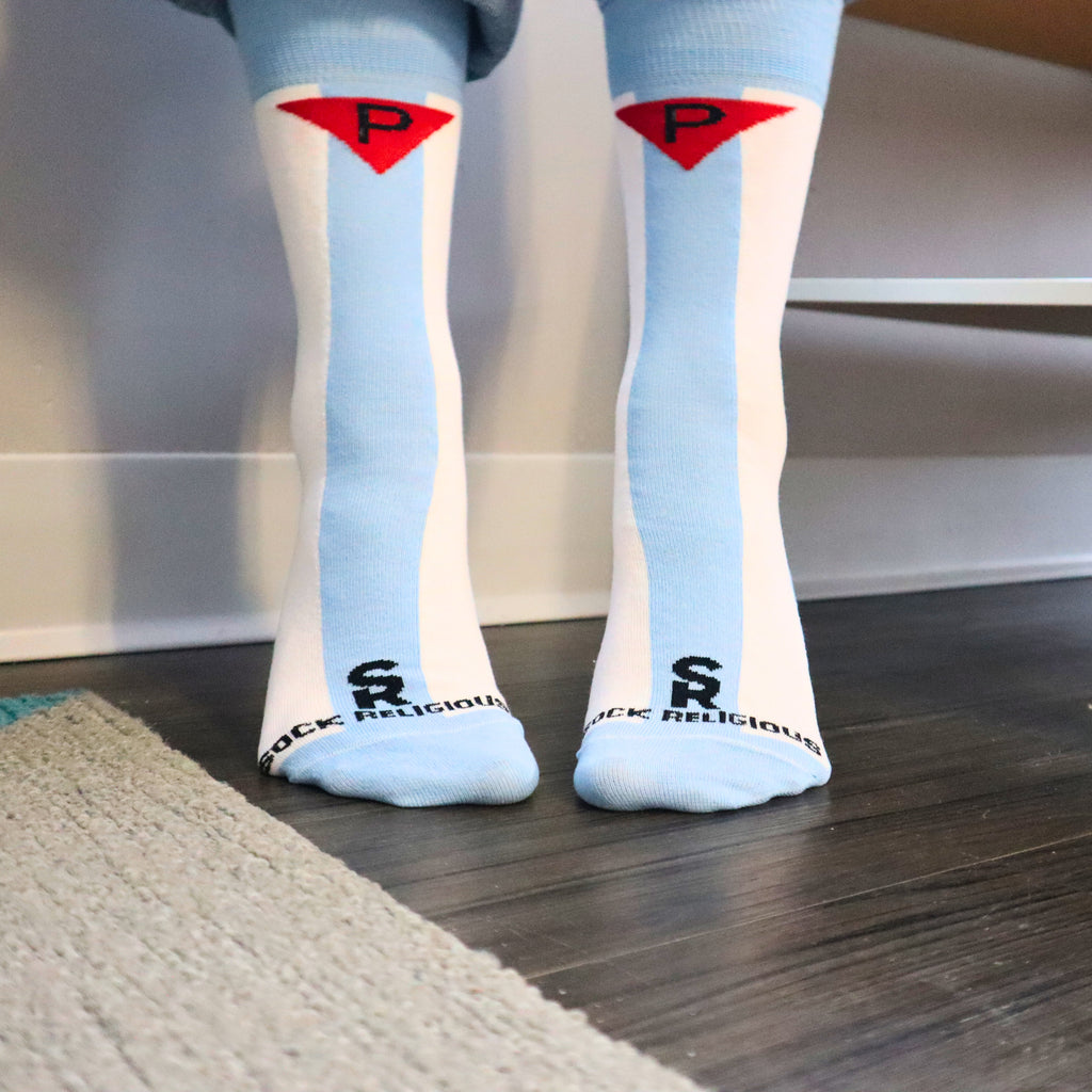 Blue & White Striped St. Maximilian Kolbe Socks